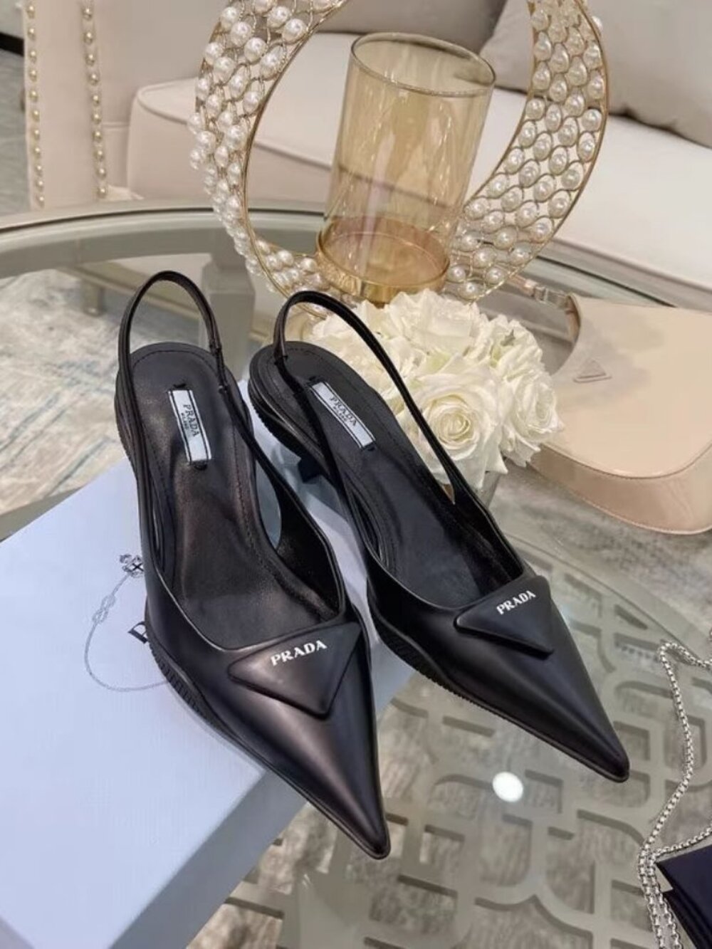 ✨ Prada Black Pointed Toe Slingback Kitten Heel Pumps